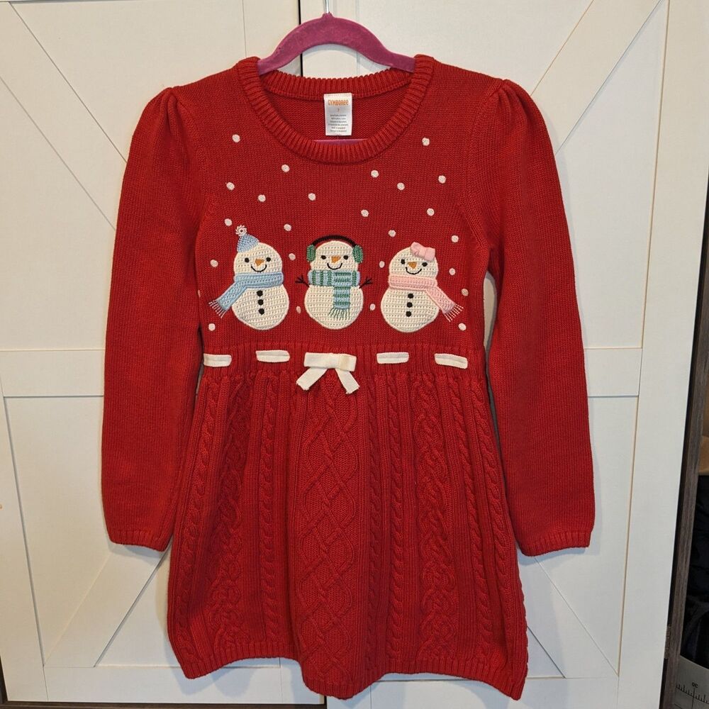 NWT Gymboree Girls 7 Snowman Sweater Dress Red Christmas Crochet Cable Knit